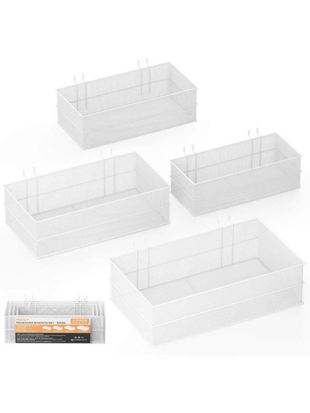 4 Pack Metal Mesh Pegboard Baskets - Square Storage Organizers in 4 Sizes